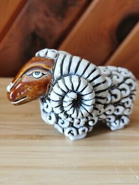 Vintage Artesania Rinconada Ram Figurine Signed Uruguay Ceramic Decor